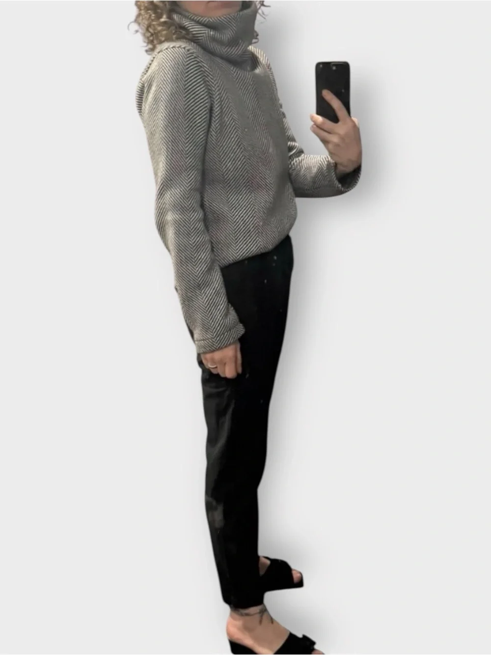 J.Crew Herringbone Funnel Neck Fleece Pullover Gray Black Women’s Small Cozy